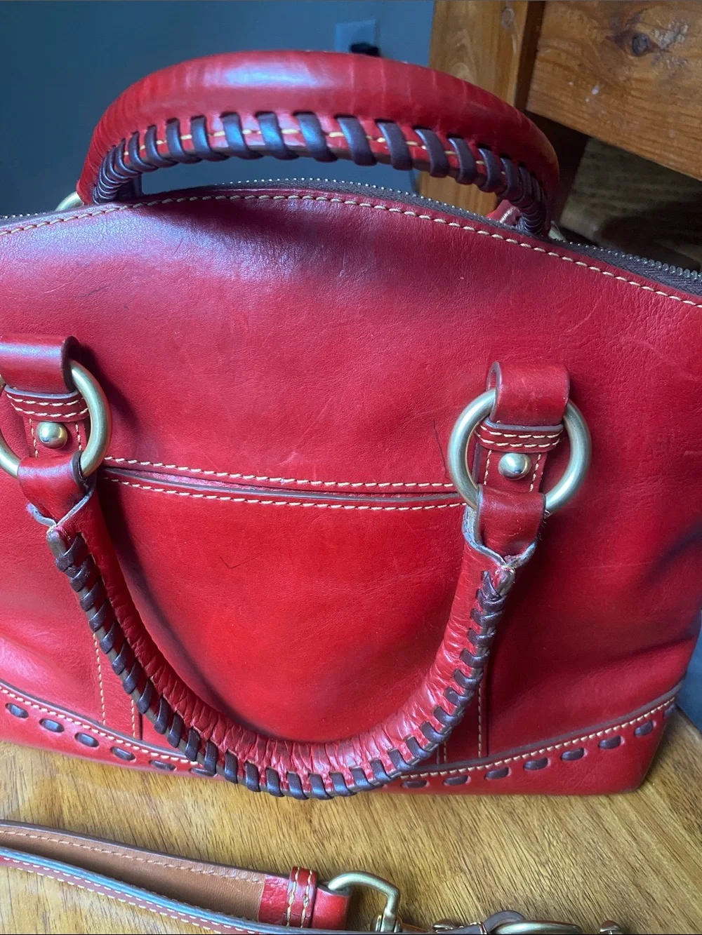 Dooney & Bourke Florentine Janine Red Leather Satchel Whip Stitching Top Handles